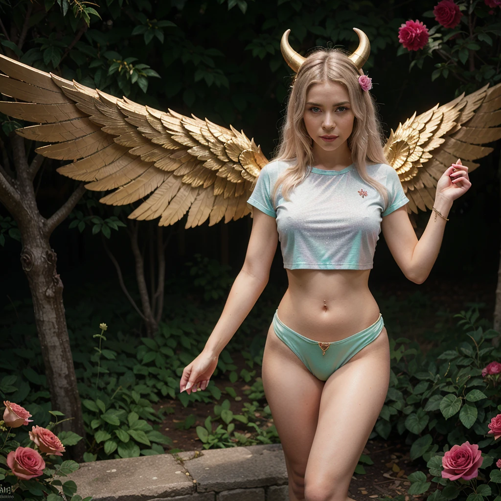 mature_naruto, YorForger, jewelry, looking at the viewer, hollow, abyss, church, catholic, angel,fairy,universe, glitter, holo, mary, glint, gradient, overlay, shadow, grand, flowers, sparkle flowers, golden hair, (wings), full body, midriff, shirt, red eyes,  , navel, sidelocks, golden heels, fog, pink rose, red rose, rosemary, parrot, green wings, water, hair, horns, lips out, galaxy eyes, flowers, garden