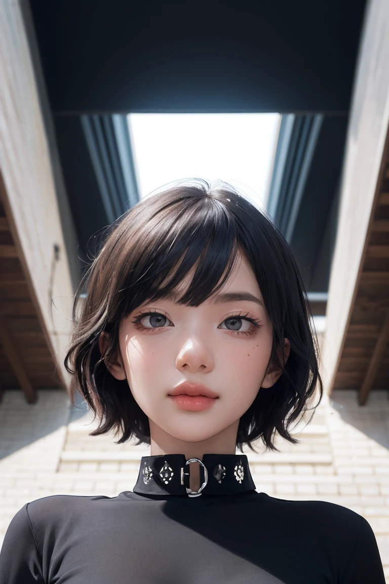 Photorealistic, masutepiece, Best Quality, Raw photo, 1girl in, Solo, handsome short hair, Detailed face, alluring face, Black shirt with collar, medium breasts, Dynamic Pose, Looking at Viewer, From below, Detailed background, fine detailed, intricate detailes, Ray tracing, depth of fields, lowkey, nffsw