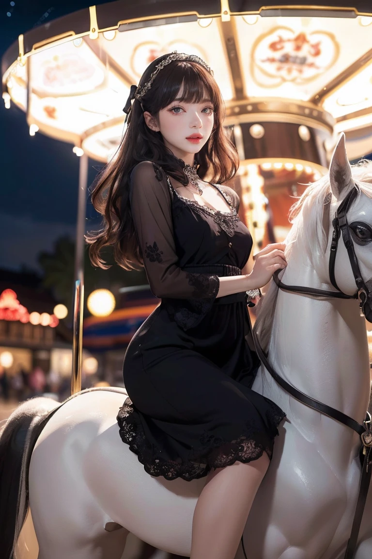 (8k, RAW photo, best quality, masterpiece:1.2), (realistic, photo-realistic:1.37) , 1girl, (carousel, night), miaoxiaoji(secret_tea), detailed face, detailed eyes, black dress