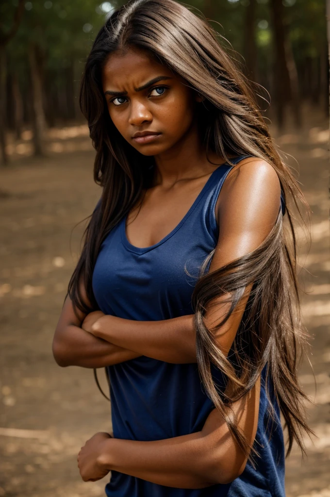 Brown girl with loose hair, blue eyes, angry with arms crossed