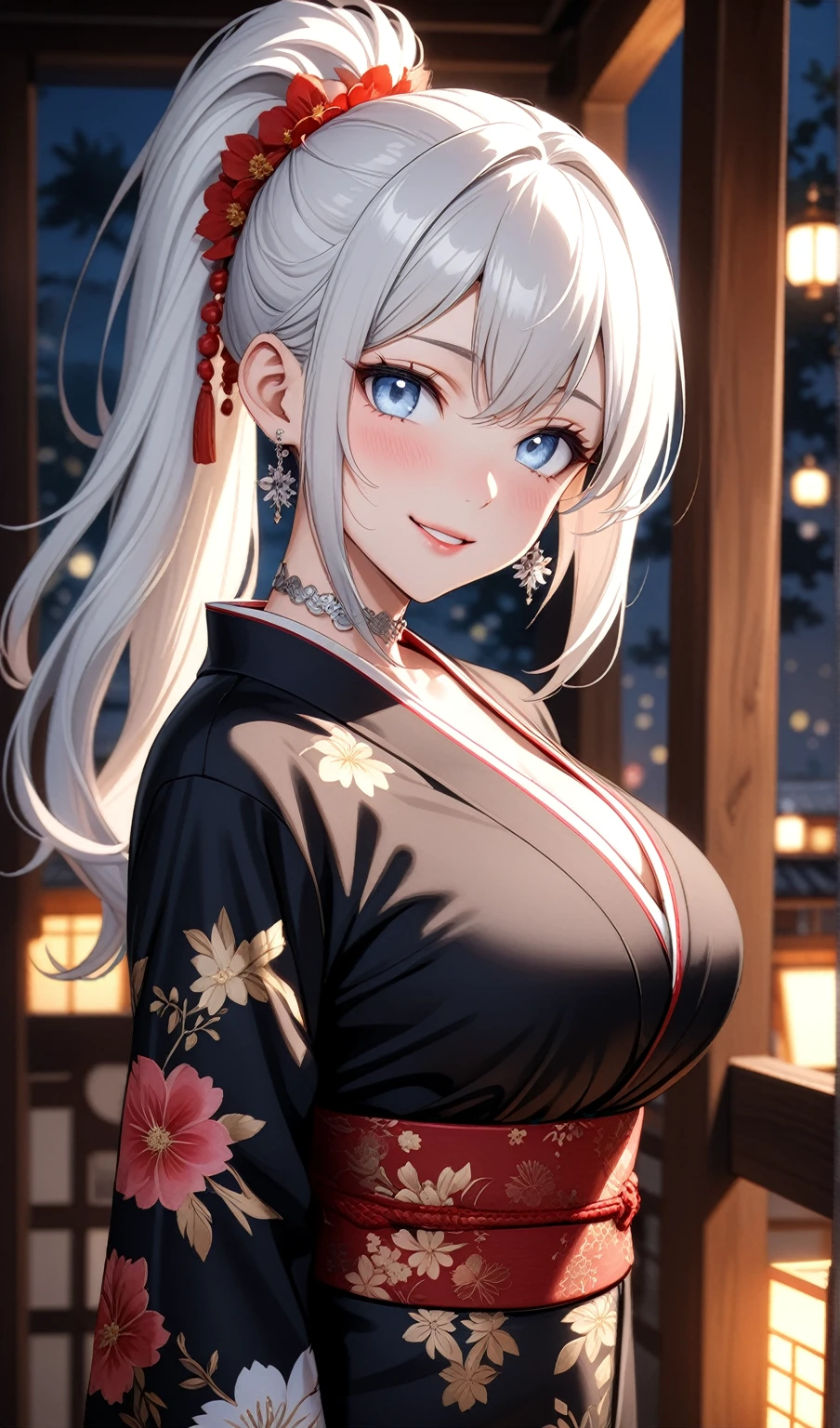 ((One personの女性)), Beautiful Face, (Laughing embarrassedly), (seductive smile:1.4), ((Wink:1.9)), (head tilt:1.3), Laugh with your mouth wide open, upper teeth, looking at viewer, ((Bright red cheeks:1.4)),Glossy Red Lips,Night view, High veranda, firework, Glossy red lips, Shining Face, ((Anime style background)),masterpiece, Highest quality, so beautiful,up to date, Complex details, (Pink long nails),(ring),(bracelet),(Floral choker),AI-generated, Complex,High resolution, Highest quality, super high quality,3D Images、3D Images,One person,Long white hair,High Ponytail, Anime woman posing for a photo,(blue eyes), ((Fine grain、Silvery white, lightly pigmented eyes、Shining Eyes:1.3)), (Squint your eyes:1.1),a hyperRealistic , hyperRealistic , Realistic,Anime woman with long white hair, Smooth anime CG art, A woman in a colorful kimono with gold embroidery, ((Black long sleeve kimono)),Red floral pattern,Long flower hair ornament,Earrings, Body,(Big BrTall,Abdominal muscles,Tight waist, (looking away), (from behind),