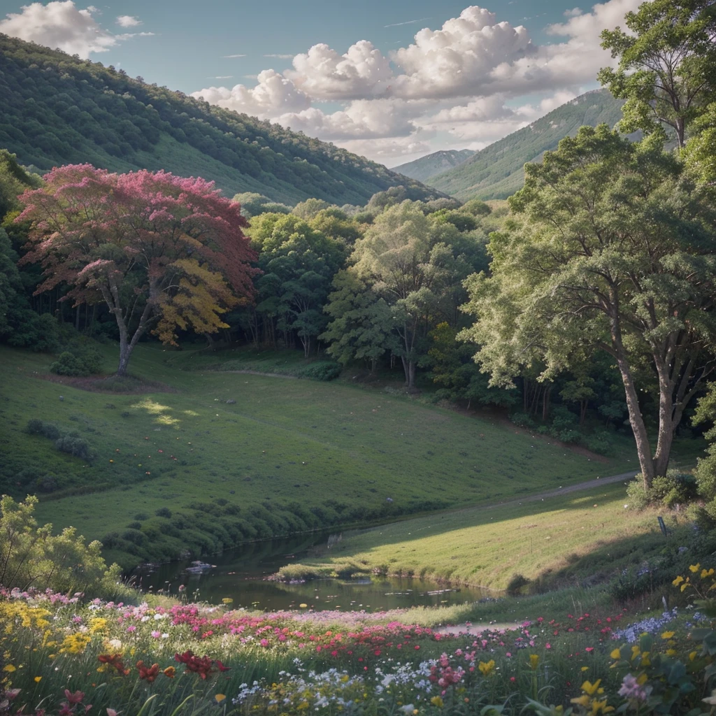A captivating and serene landscape painting captures a majestic tree in the foreground, showcasing an enchanting mix of vibrant, colorful leaves ranging from yellow to pink to green. Beyond the tree, rolling hills and mountains are painted in soothing shades of blue and green, providing a sense of depth to the scene. The sky above is a muted gray, hinting at an overcast day or the approach of dusk. The foreground features a vibrant array of diverse flowers in reds, pinks, and purples, complemented by their surrounding green foliage. This stunning scene exudes tranquility and breathtaking natural beauty, perfect for a cinematic backdrop or a captivating photograph., painting, cinematic, photo, vibrant