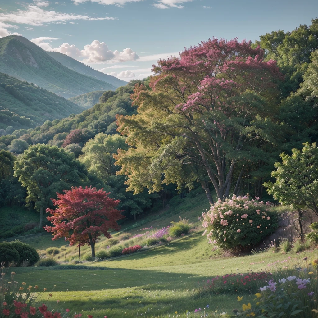 A captivating and serene landscape painting captures a majestic tree in the foreground, showcasing an enchanting mix of vibrant, colorful leaves ranging from yellow to pink to green. Beyond the tree, rolling hills and mountains are painted in soothing shades of blue and green, providing a sense of depth to the scene. The sky above is a muted gray, hinting at an overcast day or the approach of dusk. The foreground features a vibrant array of diverse flowers in reds, pinks, and purples, complemented by their surrounding green foliage. This stunning scene exudes tranquility and breathtaking natural beauty, perfect for a cinematic backdrop or a captivating photograph., painting, cinematic, photo, vibrant