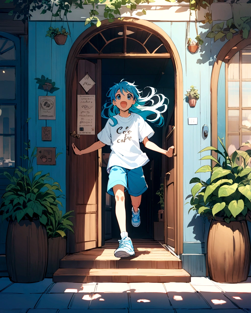 A vibrant anime-style illustration featuring a cheerful boy with short, flowing hair that transitions from black to white at the tips. He is wearing a light blue oversized t-shirt, blue shorts, and light blue sneakers. He is joyfully jumping in front of a cozy, modern cafe with a blue exterior and wooden elements. The cafe has a sign with cursive writing above the door and an inviting interior with warm lighting and wooden furniture. The scene is set on a sunny day with lush green plants around the entrance, creating a bright and lively atmosphere