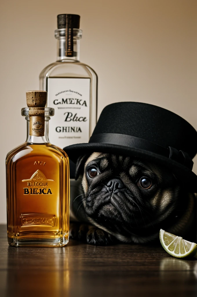 Wallpaper of a pug with a black hat, a bottle of tequila and a gun