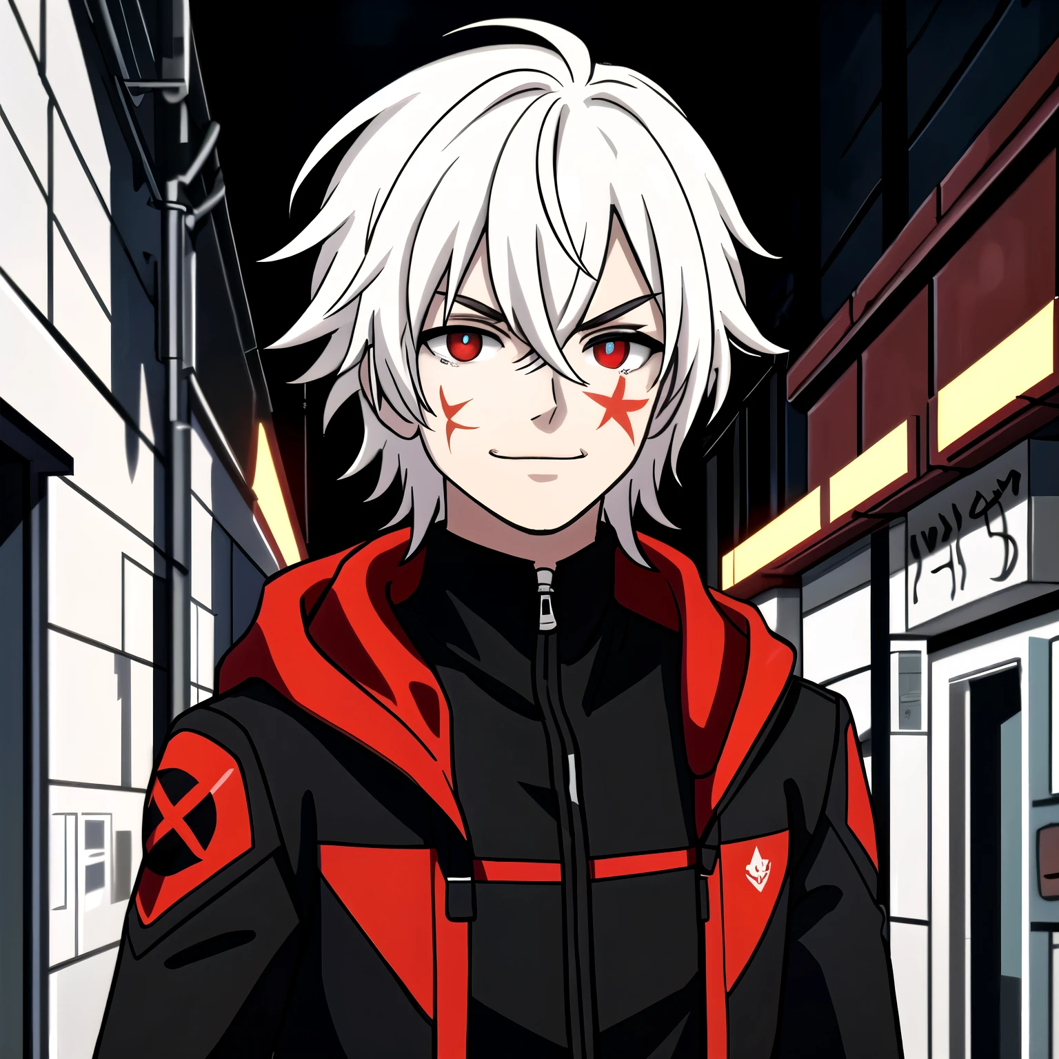 (high-quality, breathtaking),(expressive eyes, perfect face) portrait, Symmetrical Eyes, 1boy, male, teenager, solo, looking at viewer, portrait, simple background, white background, apocalyptic theme, ruined city buildings, alleyway, allen walker, red eye color, white hair, scar, facial mark, halfbody shot, medium hair length, confident expression, charming, black and red jacket, hood, red trim, smirk, cyberpunk clothing, Abzu
