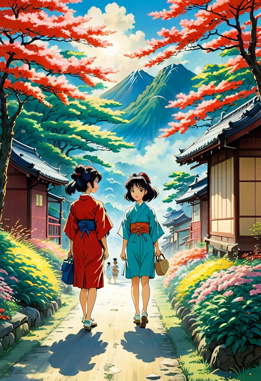 mages or scene of young japanese adults 20ish both men and womenin 1960s japan during the summer in japanese countryside almost studio Ghibli feel, Ghibli art style,art style, (cartoon-style bold line work:1.2), vibrant colors, cel shading up close art style of animes during a very classic traditional japanese summertime very japanese bright vivid brilliant very vivid detailing of very 1960s Japan