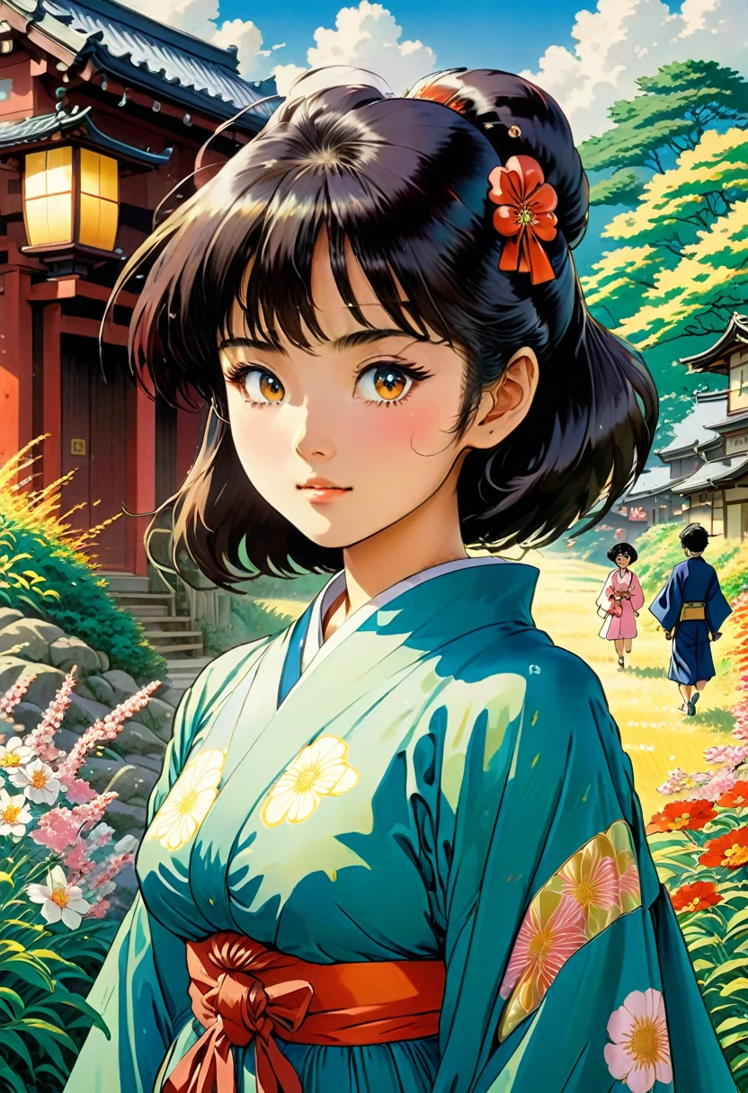 mages or scene of young japanese adults 20ish both men and womenin 1960s japan during the summer in japanese countryside almost studio Ghibli feel, Ghibli art style,art style, (cartoon-style bold line work:1.2), vibrant colors, cel shading up close art style of animes during a very classic traditional japanese summertime very japanese bright vivid brilliant very vivid detailing of very 1960s Japan