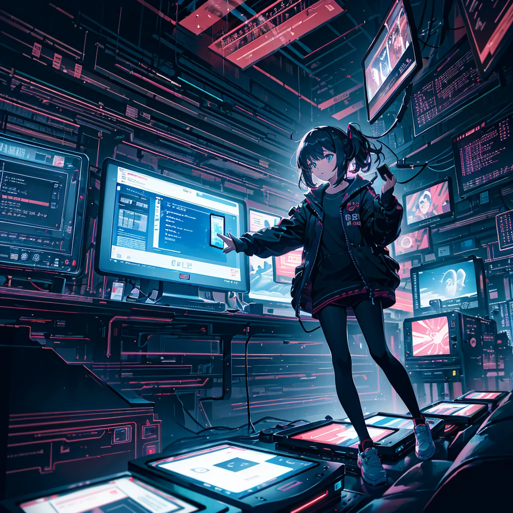 -Girl Flying Through the Air Next to a Laptop,Cyberpunk,Juan Gimenez,Digital Node,Dream Energy,Hack Into Mainframe,CRT Filter,Spiral,Cyber Wear,Connected Human Beings,Connectedness-