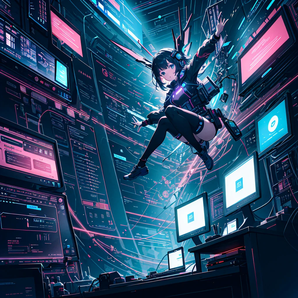 -Girl Flying Through the Air Next to a Laptop,Cyberpunk,Juan Gimenez,Digital Node,Dream Energy,Hack Into Mainframe,CRT Filter,Spiral,Cyber Wear,Connected Human Beings,Connectedness-