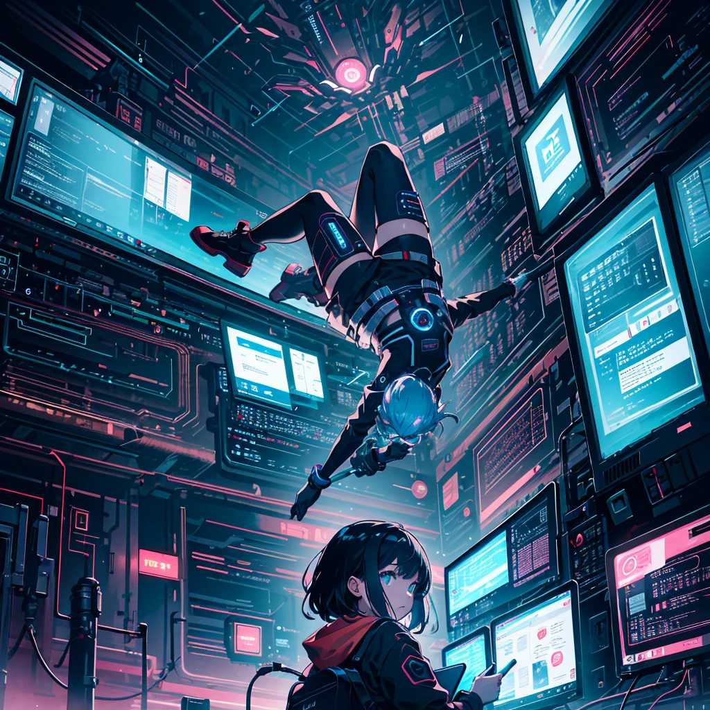 -Girl Flying Through the Air Next to a Laptop,Cyberpunk,Juan Gimenez,Digital Node,Dream Energy,Hack Into Mainframe,CRT Filter,Spiral,Cyber Wear,Connected Human Beings,Connectedness-
