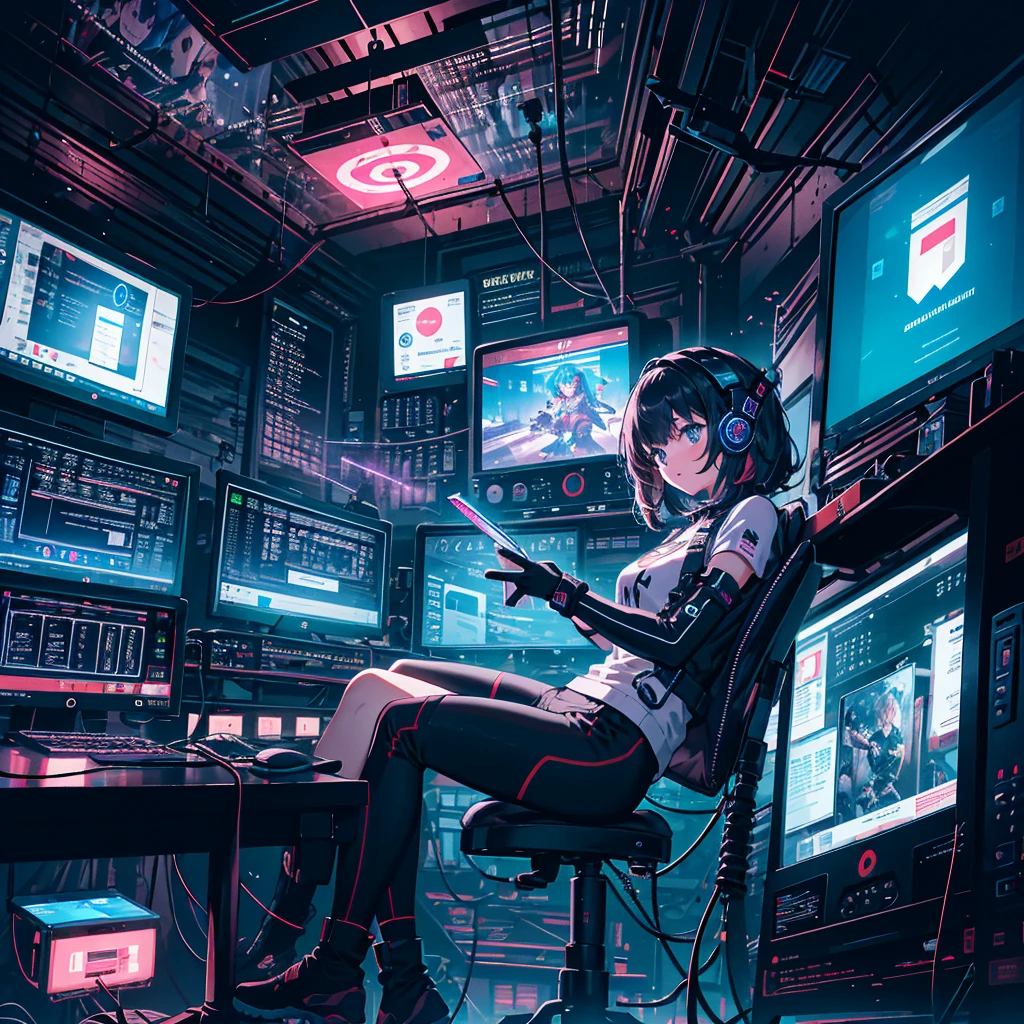 -Girl Flying Through the Air Next to a Laptop,Cyberpunk,Juan Gimenez,Digital Node,Dream Energy,Hack Into Mainframe,CRT Filter,Spiral,Cyber Wear,Connected Human Beings,Connectedness-
