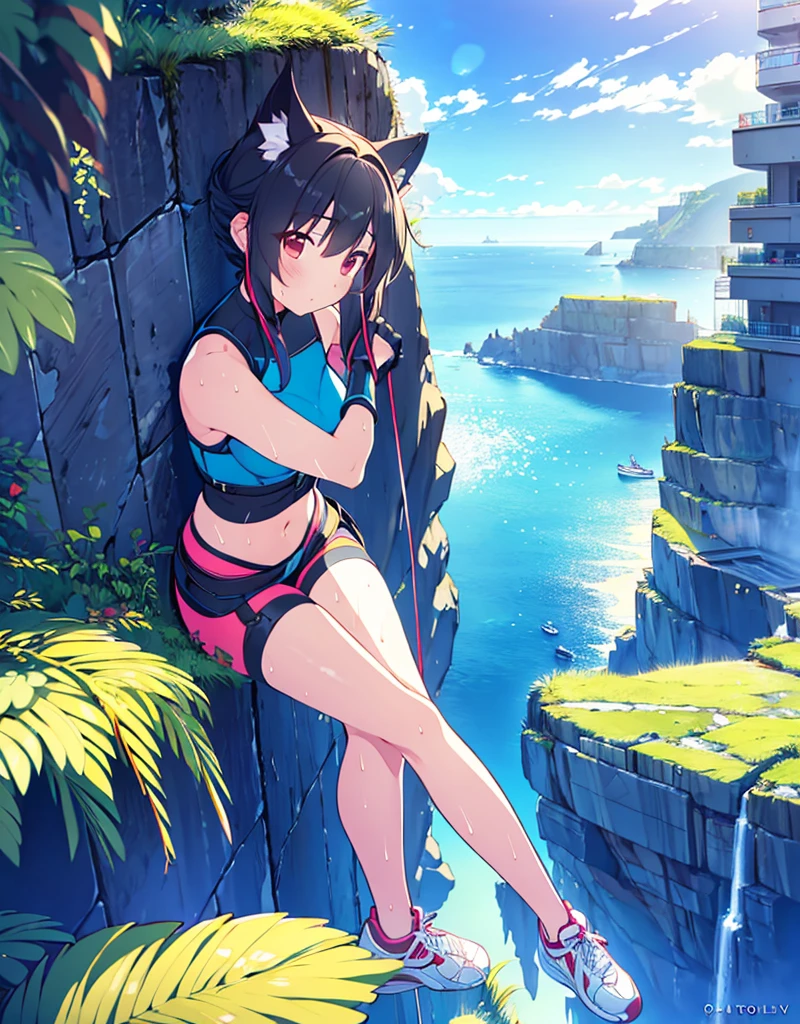 (Best Quality,4k,8k,high resolution,Masterpiece:1.2),ultra detailed,(realist,photorealist,photo-realist:1.37),a junkotvv girl,broad, black fur, Red eyes, cat ears, ,(((free solo climbing))), ((hands on the cliff)), ((Lift your head)), ((sweat)), ((fluttering hair)), ((sneakers)), ((during)), (crop top), (Bermuda Islands), learn, fog, sky, jungle, Canyon, high sky, femaleroverdef
Thighs, gloves, bare shoulders, Bermuda Islands, sleeveless, black Thighs, fingerless gloves,He drowned,Thighs,