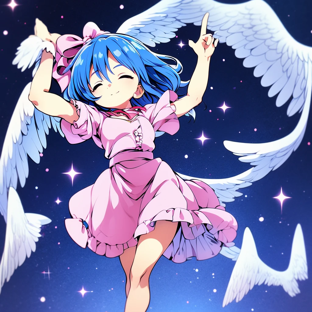 masterpiece, best quality, 1girl, , , , medium blue hair, hair flaps, pink ribbon on head, well-formed face, blue eyes, angel girl, white blouse, puffy short sleeves, red ribbon, angel wings, long white skirt, red shoes, frills, ribbon head, from behind, to lift up one’s skirt, cowboy shot, from front, standing , raise one leg, crossed arms, arms up behind, arms behind back, hand between legs, put hands hip, one hand on hip, forward hands, arms raised in the air, punch hands, peace sign, waving, put up index finger, sit, lie down, closed eyes, lie face down, looking back, put one hand chest, leaning forward, cleavage, close up, horizontally outstretched arms, horizontally outstretched legs, front view, front face