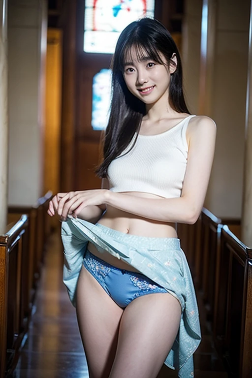 (Highest quality、Highest quality、Highest Resolution、masterpiece、detailed、live-action)、
(((Lift up your skirt with both hands)))、
(((Grab the hem of your skirt with both hands)))、
((Showing blue panties))、
((Blue panties are visible))、
1 Japanese woman、
Cute Japanese Woman、
Beautiful 20 year old Japanese woman、
Slender figure、
Super slim figure、
Small breasts、
Silver Hair、
The woman is facing the photographer、
Illuminated by spotlights、
smile、
whole body、
Standing posture、
Church corridor、
