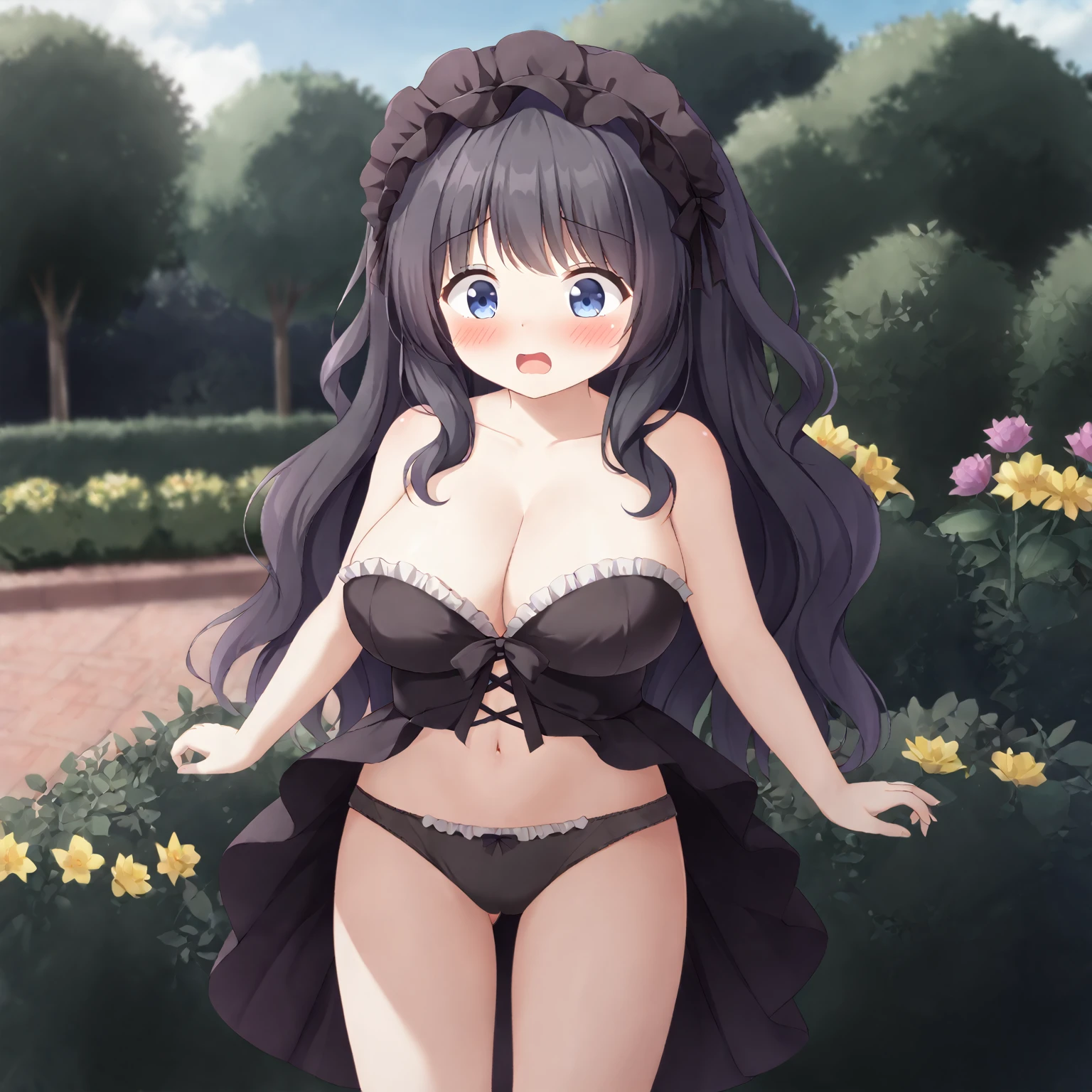 Cute beautiful girl、naked、Shocked and Blushing、shout、Big Breasts、Gothic ta、Provocative Underwear、Wavy Hair、Put out the bottom,garden