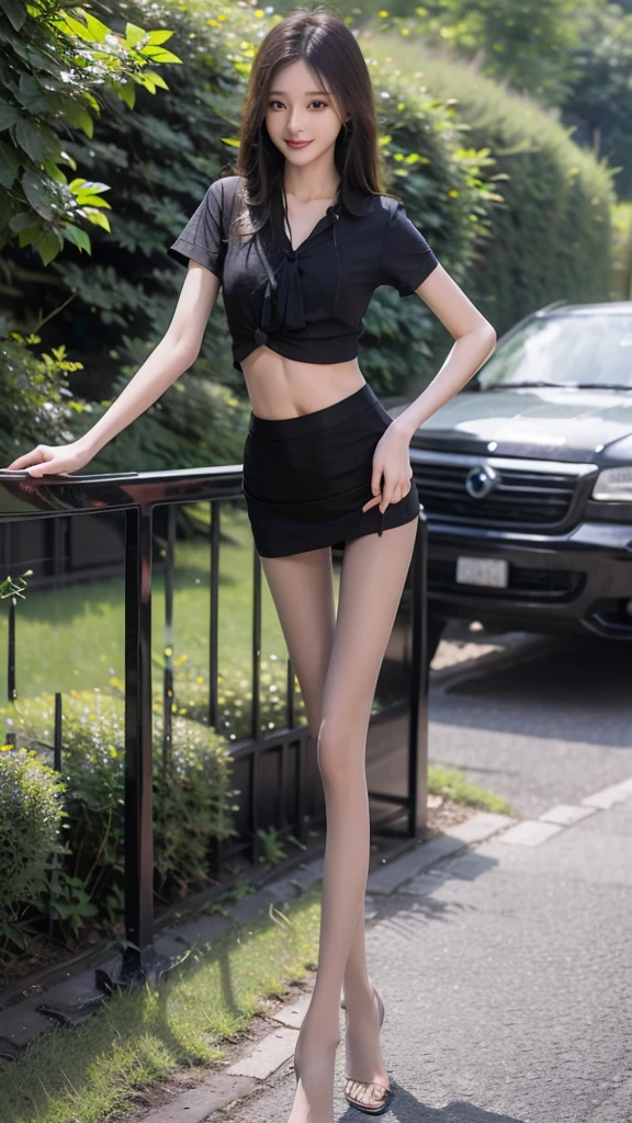 RAW, masterpiece, best quality, extremely detailed, 8k, HDR, photorealistic, intricate, A skinny Asian girl, she has an extremely slim body with (narrow and small hips:1.3), long straight hair, cleavage, wearing a short sleeves shirt and (extremely short black microskirt:1.5), smile, standing, outdoors