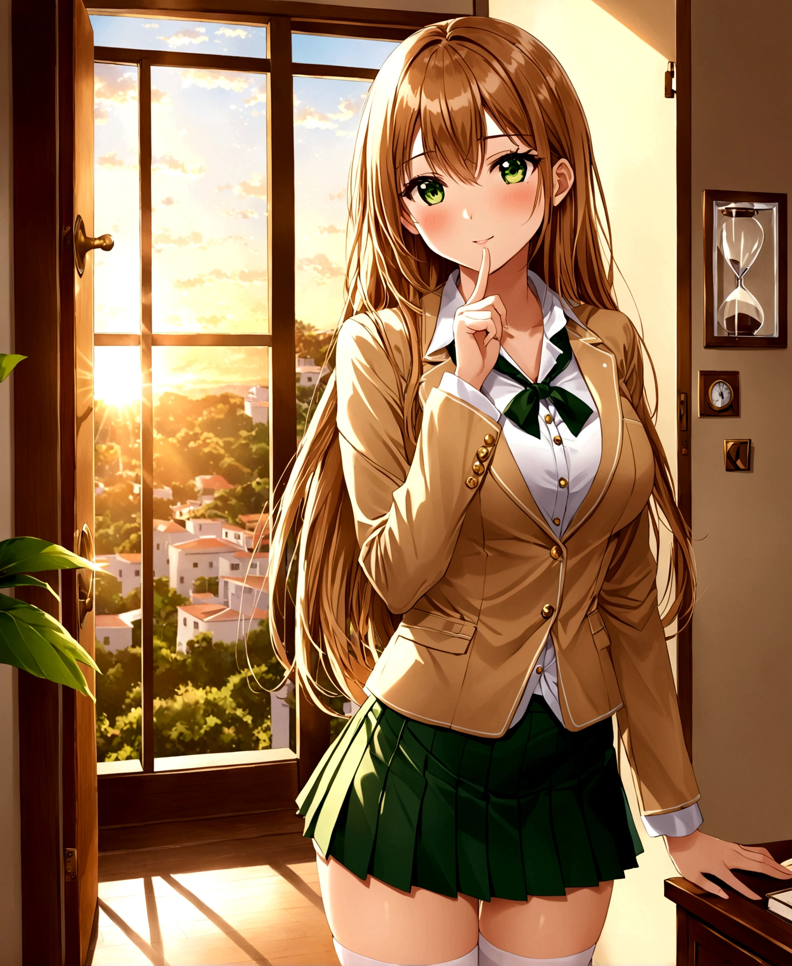 In a private school for women, a beautiful female student, in the dormitory, in her room, with her back to the door, stroking her hair with her fingers, winking, blushing, looking at the viewer, slightly hunched back, simple decoration, feminine atmosphere, sunset, sunlight penetrating through the window, /(extremely long straight hair, almond-shaped eyes, hourglass-shaped athletic body, large breasts, medium hip, medium waist, shapely legs, perfect fingers, Greek nose, perfect hands, triangular face,), /(uniform: white V-neck blouse long sleeves, green pleated mini skirt, beige satin blazer with gold buttons, beige thigh-high stockings held up by garters,),