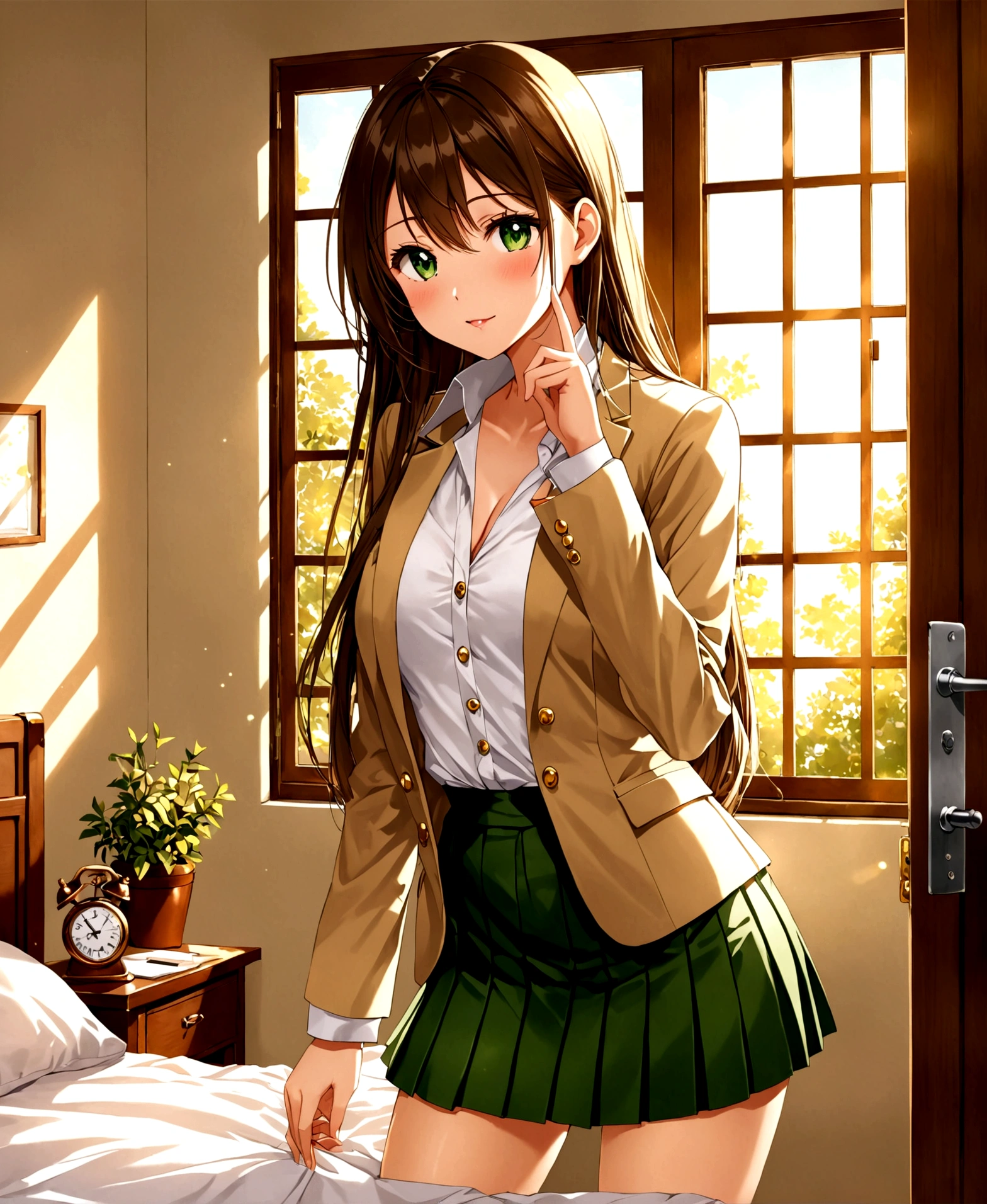 In a private school for women, a beautiful female student, in the dormitory, in her room, with her back to the door, stroking her hair with her fingers, winking, blushing, looking at the viewer, slightly hunched back, simple decoration, feminine atmosphere, sunset, sunlight penetrating through the window, /(extremely long straight hair, almond-shaped eyes, hourglass-shaped athletic body, large breasts, medium hip, medium waist, shapely legs, perfect fingers, Greek nose, perfect hands, triangular face,), /(uniform: white V-neck blouse long sleeves, green pleated mini skirt, beige satin blazer with gold buttons, beige thigh-high stockings held up by garters,),