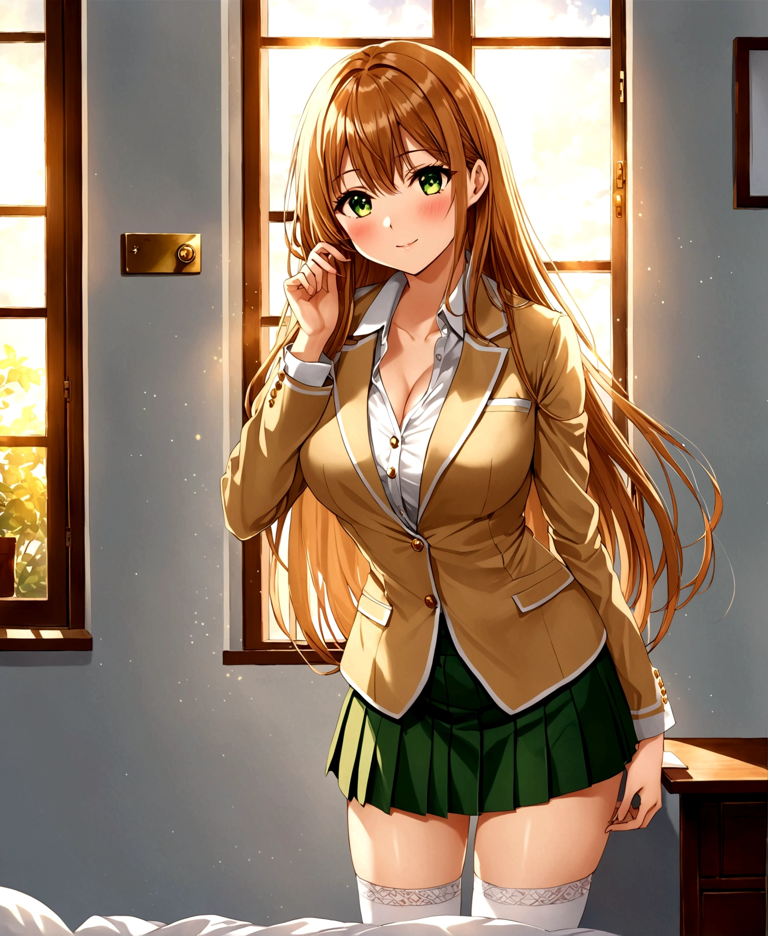 In a private school for women, a beautiful female student, in the dormitory, in her room, with her back to the door, stroking her hair with her fingers, winking, blushing, looking at the viewer, slightly hunched back, simple decoration, feminine atmosphere, sunset, sunlight penetrating through the window, /(extremely long straight hair, almond-shaped eyes, hourglass-shaped athletic body, large breasts, medium hip, medium waist, shapely legs, perfect fingers, Greek nose, perfect hands, triangular face,), /(uniform: white V-neck blouse long sleeves, green pleated mini skirt, beige satin blazer with gold buttons, beige thigh-high stockings held up by garters,),