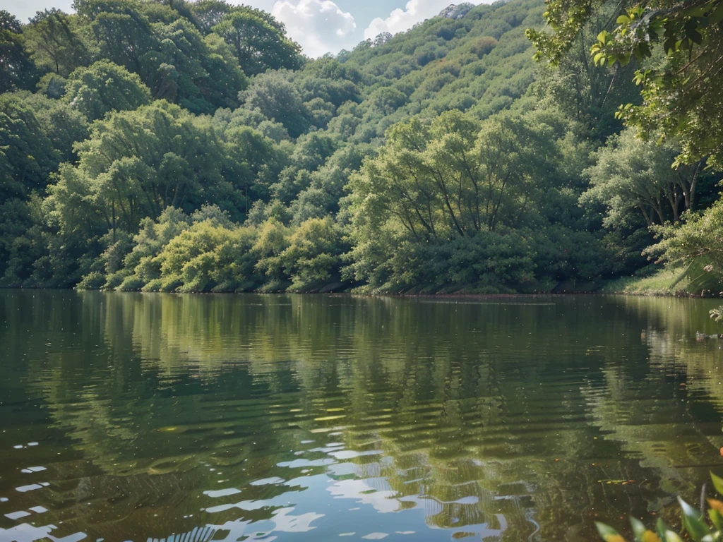 a serene lake surrounded by lush greenery, calm water reflections, sunlight glistening on the surface, picturesque landscape, peaceful atmosphere, detailed foliage, tranquil scene, beautiful nature, idyllic scenery, (best quality,4k,8k,highres,masterpiece:1.2),ultra-detailed,(realistic,photorealistic,photo-realistic:1.37),landscape,vibrant colors,natural lighting