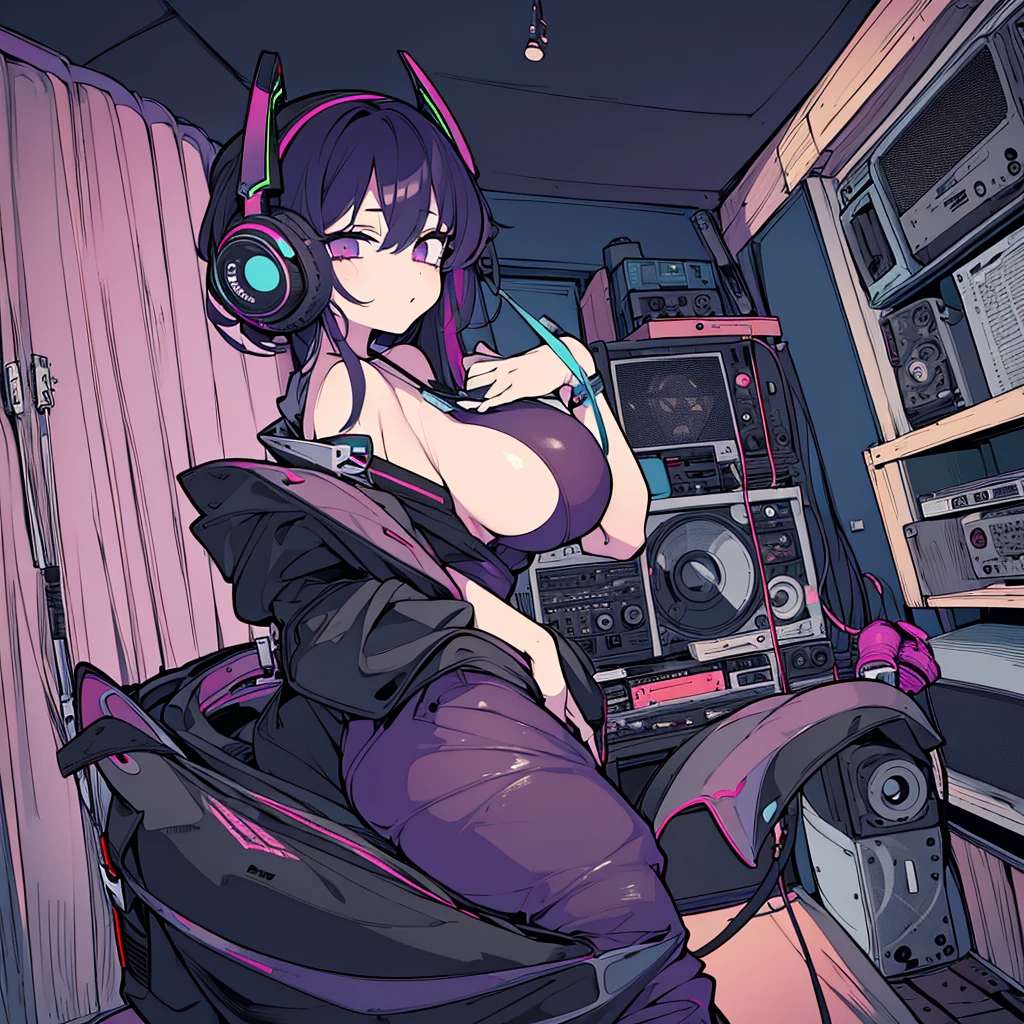 Best quality, (masterpiece), best detail face,1 girl, big breasts, 18 yo, 8k,absurdres,unity 8k wall paper,(extremely detailed:1.3), highest realistic, (retro headphones:), Her room full of music equipment and records, Light clothing in summer , See the whole room, She is leaving the room, dark purple color palette
