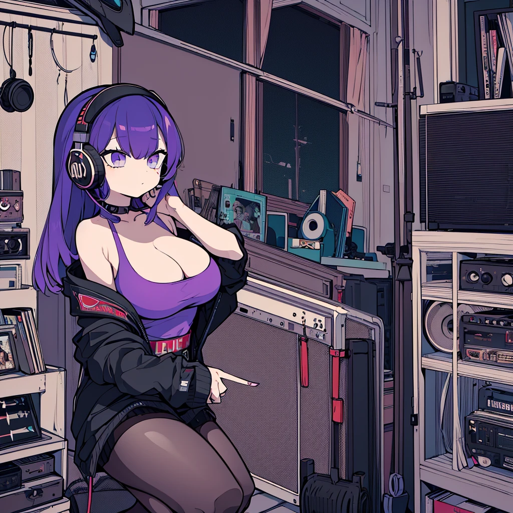 A beautiful and sexy artist girl, rainbow hair, yellow eyes, dark skin, wearing headphones a hoodie graphic t-shirt and torn skinny jeans, huge gigantic tits, cleavage showing, tons of tattoos and piercings, sitting at her drafting table, drawing a pencil sketch of a highly detailed super hero in her sketch pad, in an art studio, highly detailed background, perfect masterpiece, high quality, high resolution