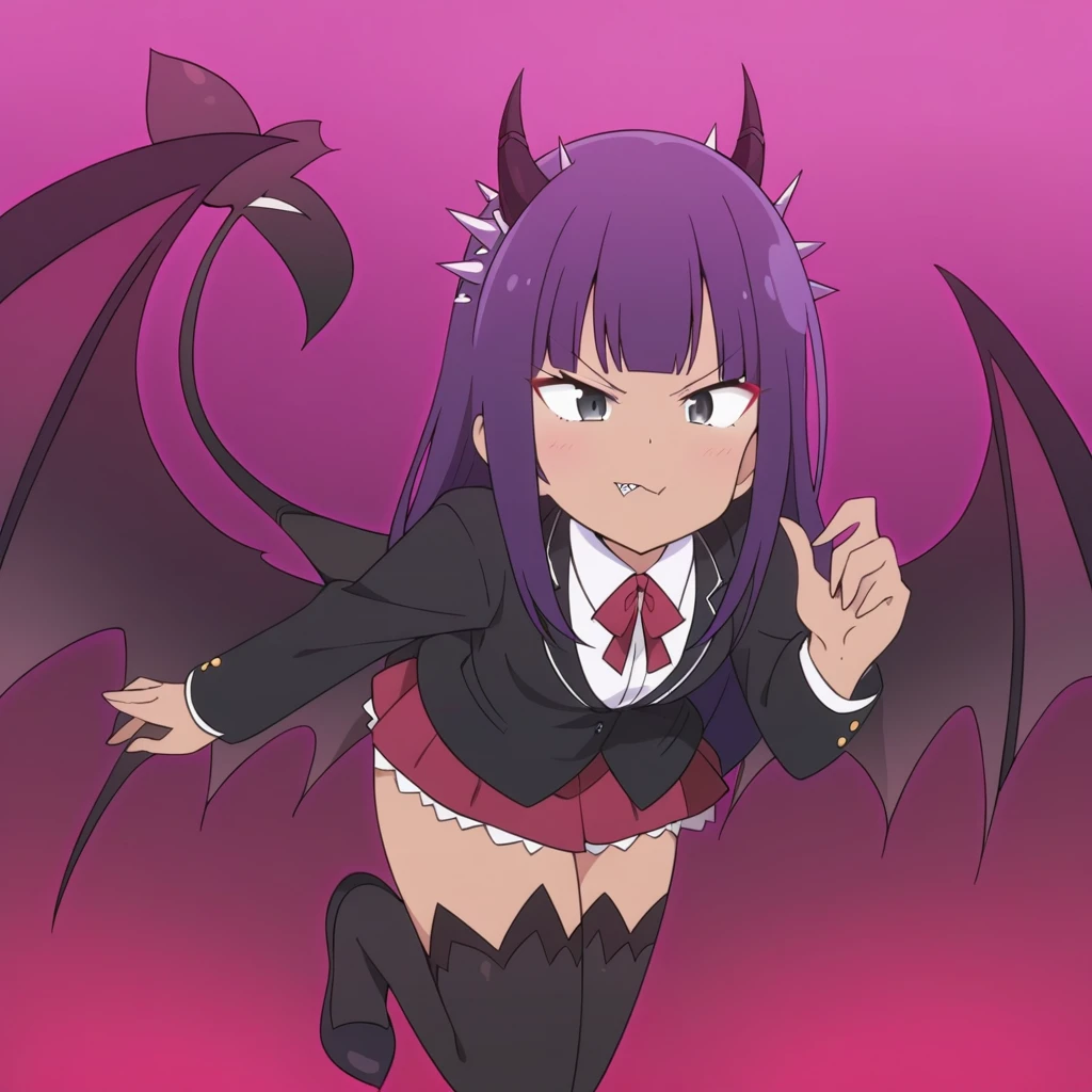 score_9, score_8_up, score_7_up, source_anime, rating_safe, anime screencap, rezero_style, ((suit)), (cardigan), (skirt), (stockings), intricate details, masterpiece, top quality, best quality, ((tan)), (shark teeth), ((solo)), ((1girl)), (long dark purple hair), ((spiky hair)), (hime haircut), (adult), ((dark)), (mysterious), scary, intimidating, (stocking), ((dynamic pose)), (hime bangs), ((unique clothing)), (black eyes), (smug expression), (flirting), (makeup), (succubus horns), (succubus tail), (succubus wings),