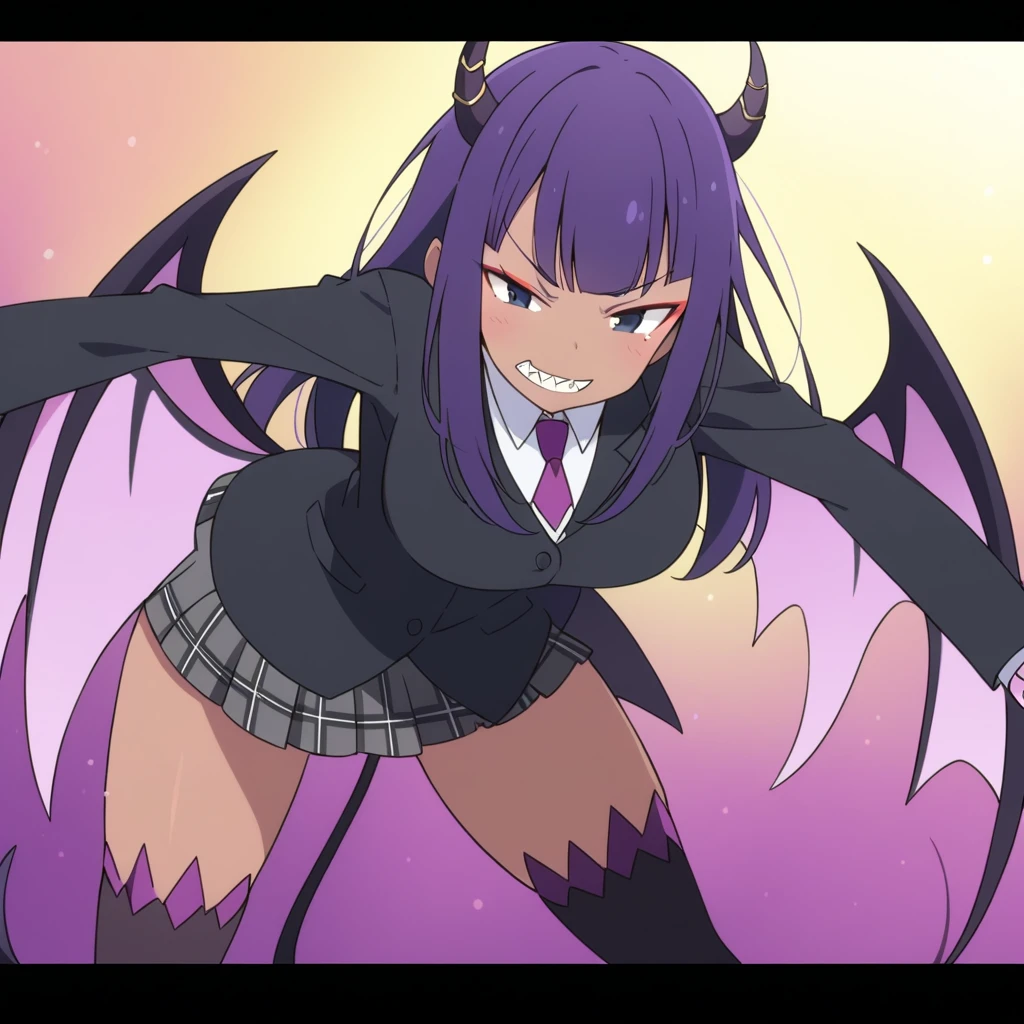 score_9, score_8_up, score_7_up, source_anime, rating_safe, anime screencap, rezero_style, ((suit)), (cardigan), (skirt), (stockings), intricate details, masterpiece, top quality, best quality, ((tan)), (shark teeth), ((solo)), ((1girl)), (long dark purple hair), ((spiky hair)), (hime haircut), (adult), ((dark)), (mysterious), scary, intimidating, (stocking), ((dynamic pose)), (hime bangs), ((unique clothing)), (black eyes), (smug expression), (flirting), (makeup), (succubus horns), (succubus tail), (succubus wings),