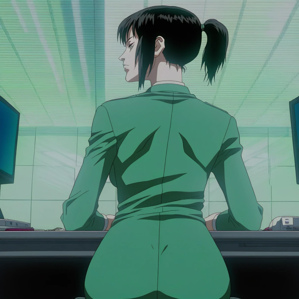 score_9,sauce_anime,One girl,alone,Looking back,,I am praying,Association,Green Business Suit,Black,Short Ponytail,Strobe light,Look down,avert your eyes,Tilt your head forward,screen reflection,Sitting