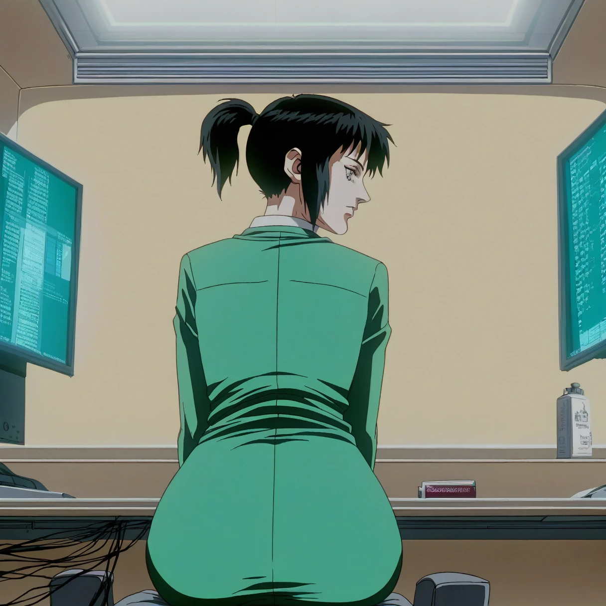 score_9,sauce_anime,One girl,alone,Looking back,,I am praying,Association,Green Business Suit,Black,Short Ponytail,Strobe light,Look down,avert your eyes,Tilt your head forward,screen reflection,Sitting