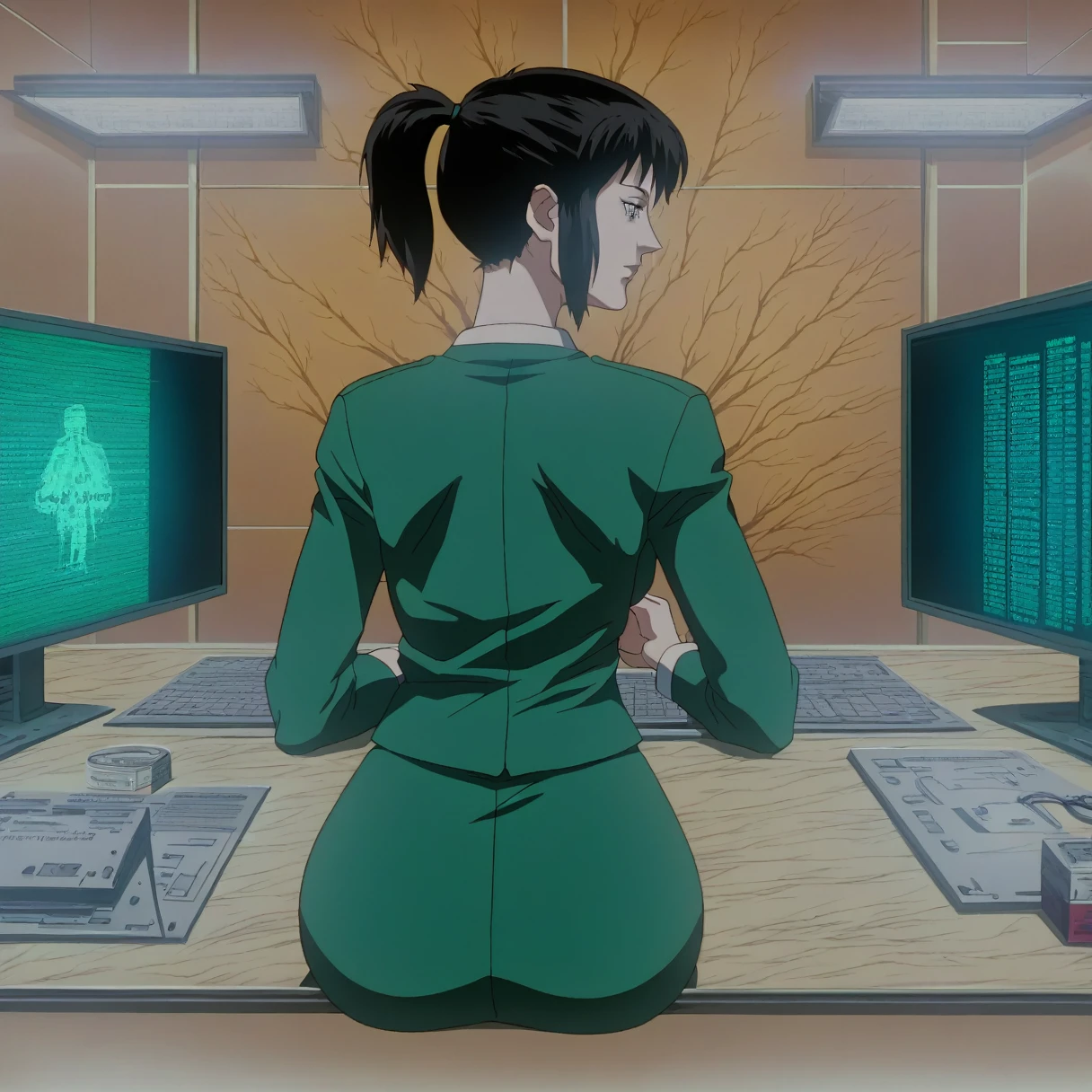 score_9,sauce_anime,One girl,alone,Looking back,,I am praying,Association,Green Business Suit,Black,Short Ponytail,Strobe light,Look down,avert your eyes,Tilt your head forward,screen reflection,Sitting