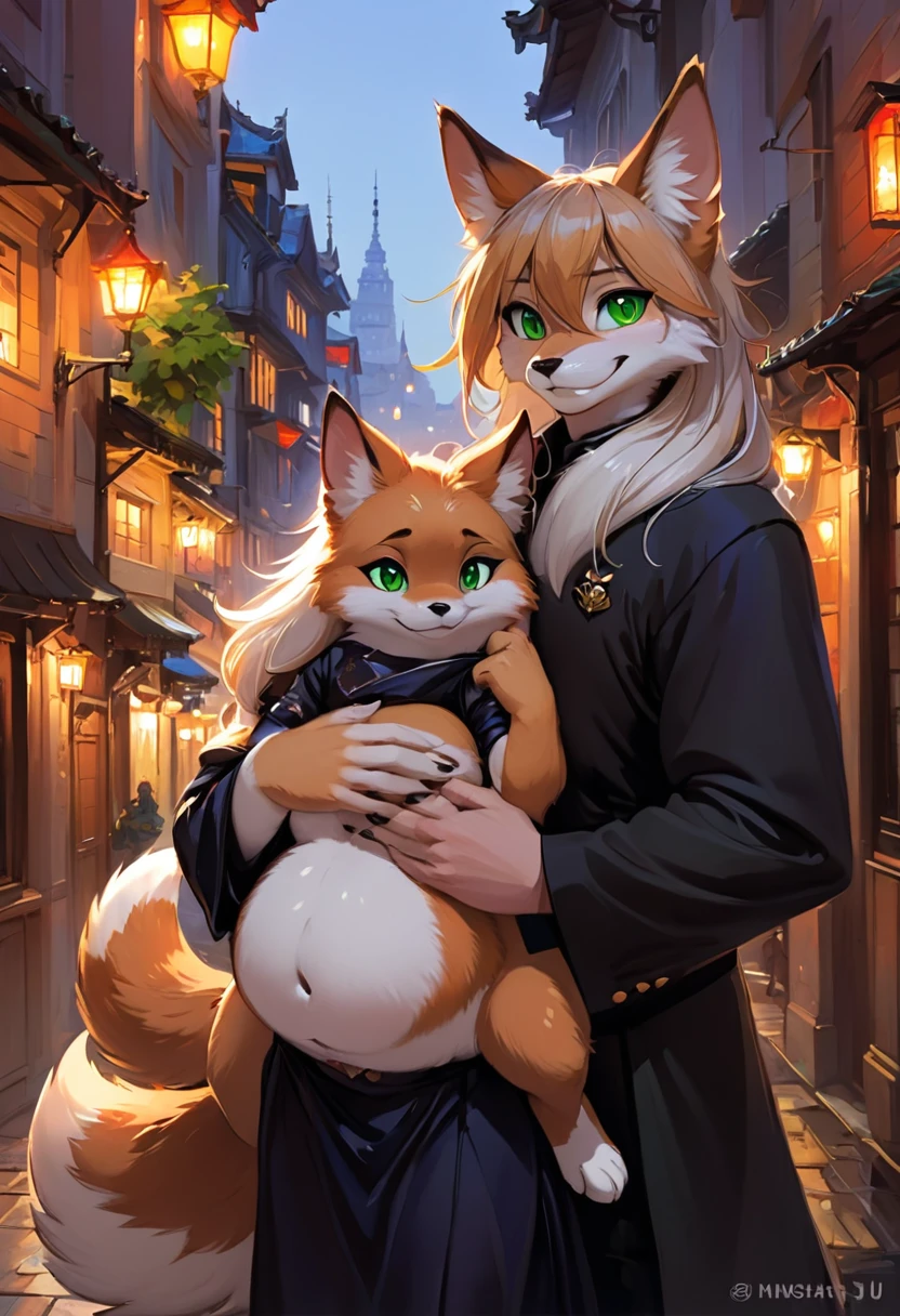 (by hioshiru and kenket and dimwitdog, michael amp inessa garmash, ruan jia, pino daeni, chunie), arctic fox, anthro, very chubby,green eyes, hair, fluffy tail , male , city background ,bedroom ,black royal clothes , king, standing, smiling, ring on finger, hugging, red fox,