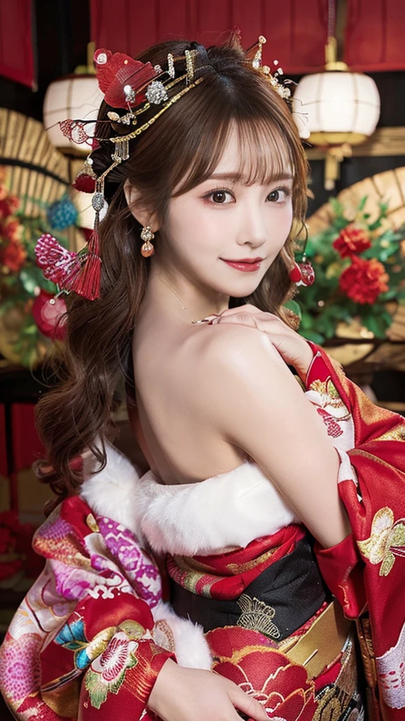 (Detailed skin:1.2),(Shiny skin:1.1),8K,Highest quality, masterpiece, Ultra-high resolution,(Realistic:1.4), RAW Photos,(Soft saturation:1.3),(Fair skin:1.2),Half-Japanese beauty,repair,20 years, Light brown hair, (Up-Hairstyles:1.2), Asymmetrical Hair, (Pretty face:1.4), (Large Breasts, Tight waist), Beautiful lighting, (Sexy Oiran:1.2,),Highly detailed face, Highly detailed lips, fine grain, double eyelid, (Sharp focus: 1.2), (Perfect Anatomy),(Beautiful woman with perfect figure: 1.2)、Exposing cleavage、Random sexy poses,(Accentuate your leg lines:1.1)、kimono、Sharp Eyes,smile、Gorgeous hair ornament、Japanese style background