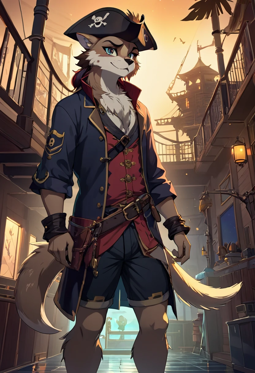 cover page, highres, top quality, best quality, paid reward available, unparalleled masterpiece, perfect artwork, absurdres, High-quality illustrations, super high resolution, detailed background, perfect anatomy(kemono, furry anthro, boy, girl)Hospitals with power outages, Spooky creatures, Pirate Ship, a pirate, good lighting, cinematic shadow,