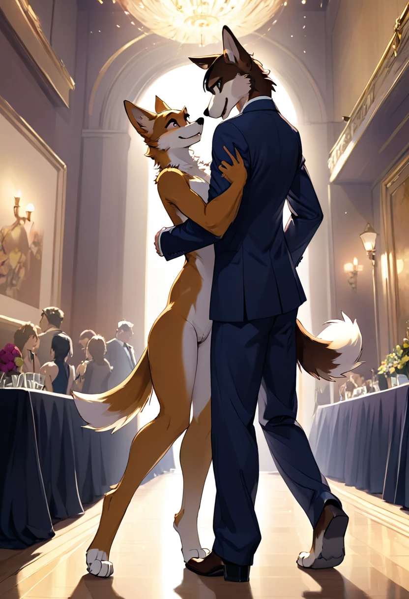 cover page, highres, top quality, best quality, paid reward available, unparalleled masterpiece, perfect artwork, absurdres, High-quality illustrations, super high resolution, detailed background, perfect anatomy(handsome 2boy, kemono, suits, furry anthro, Furry body, dog facial features, dog body features)standing, dancing, hugs, smile, happy, cinematic lighting,