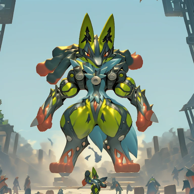 (masterpiece. official art. 8k. best quality. detailed full body. full body.)

(situation 1 : dominating mega lucario. focus GIANT mechanical Muscular mega lucario is trampling the CITY. macro. stomp. Low-angle perspective. emphasizing the immense size. The perspective is from below, emphasizing the sheer majesty and power of the Giant. giant art. He is much bigger than a skyscraper. Giga Giants. micro soccer field. looking down.)

(situation 2 :smoke and flames rising from the destruction in the city)

(Additional details 1: wearing a full-face helmet. high-tech bio-mecha armor. real texture material. whole body shines like metal. Wearing cyberpunk mecha. emphasizes the muscles. suit fully made of metal. intricate armor. Robotic suit. suit fully made of metal. cyborg. Powered exoskeleton with the same design as mega lucario).

(Additional details 2: (Detailed head. Detailed Body. Detailed abs. gigantic muscles. HYPER MUSCLES. Gigachad Muscular. big muscle. pecs. triceps. traps. unusually developed muscular body. body full of huge muscles. showing off muscles. pectorales enormes. Exaggeratedly huge muscles. huge muscles. long legs.).