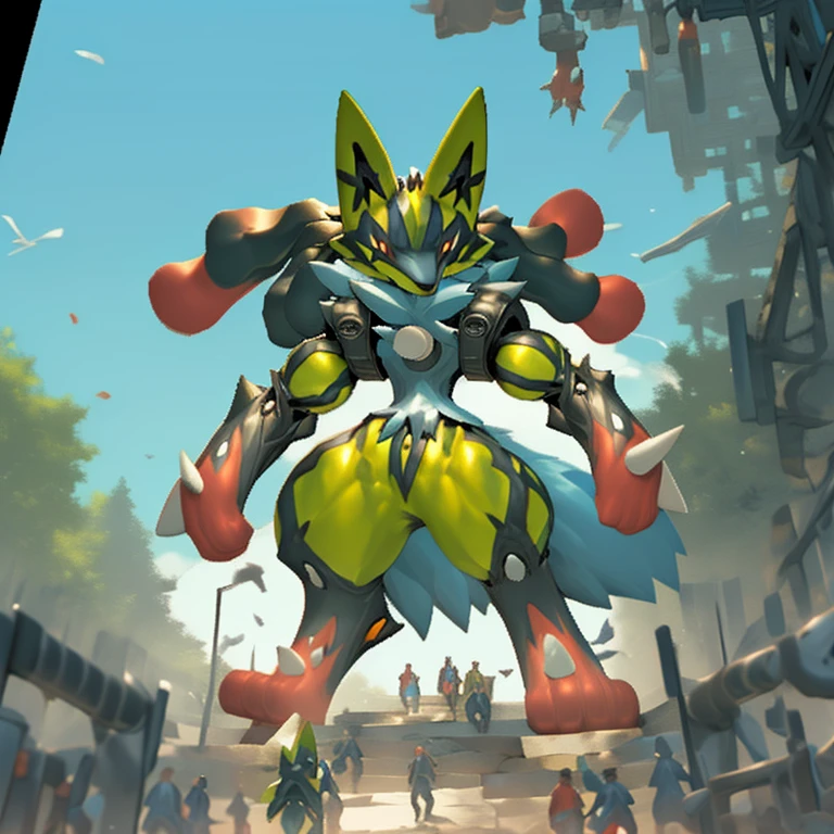 (masterpiece. official art. 8k. best quality. detailed full body. full body.)
(situation 1 : dominating mega lucario. focus GIANT mechanical Muscular mega lucario is trampling the CITY. macro. stomp. Low-angle perspective. emphasizing the immense size. The perspective is from below, emphasizing the sheer majesty and power of the Giant. giant art. He is much bigger than a skyscraper. Giga Giants. micro soccer field. looking down.)
(situation 2 :smoke and flames rising from the destruction in the city)
(Additional details 1: wearing a full-face helmet. high-tech bio-mecha armor. real texture material. whole body shines like metal. Wearing cyberpunk mecha. emphasizes the muscles. suit fully made of metal. intricate armor. Robotic suit. suit fully made of metal. cyborg. Powered exoskeleton with the same design as mega lucario).
(Additional details 2: (Detailed head. Detailed Body. Detailed abs. gigantic muscles. HYPER MUSCLES. Gigachad Muscular. big muscle. pecs. triceps. traps. unusually developed muscular body. body full of huge muscles. showing off muscles. pectorales enormes. Exaggeratedly huge muscles. huge muscles. long legs.).