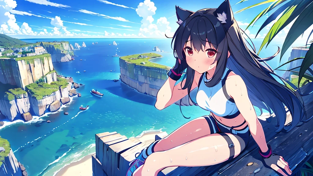 (Best Quality,4k,8k,high resolution,Masterpiece:1.2),ultra detailed,(realist,photorealist,photo-realist:1.37),a junkotvv girl,broad, black fur, Red eyes, cat ears, ,(((free solo climbing))), ((hands on the cliff)), ((Lift your head)), ((sweat)), ((fluttering hair)), ((sneakers)), ((during)), (crop top), (Bermuda Islands), learn, fog, sky, jungle, Canyon, high sky, femaleroverdef
Thighs, gloves, bare shoulders, Bermuda Islands, sleeveless, black Thighs, fingerless gloves,He drowned,Thighs,
