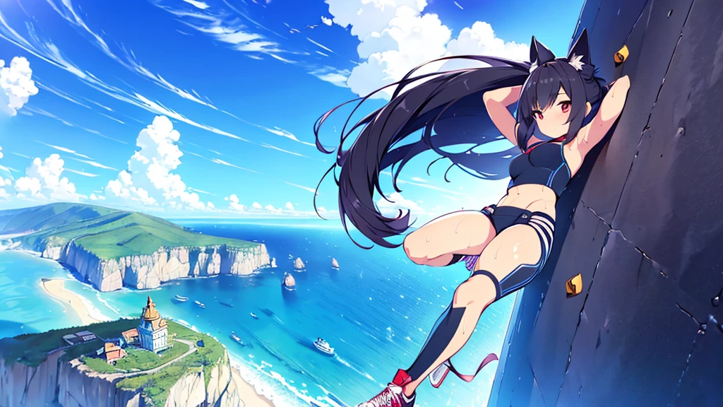 (Best Quality,4k,8k,high resolution,Masterpiece:1.2),ultra detailed,(realist,photorealist,photo-realist:1.37),a junkotvv girl,broad, black fur, Red eyes, cat ears, ,(((free solo climbing))), ((hands on the cliff)), ((Lift your head)), ((sweat)), ((fluttering hair)), ((sneakers)), ((during)), (crop top), (Bermuda Islands), learn, fog, sky, jungle, Canyon, high sky, femaleroverdef
Thighs, gloves, bare shoulders, Bermuda Islands, sleeveless, black Thighs, fingerless gloves,He drowned,Thighs,