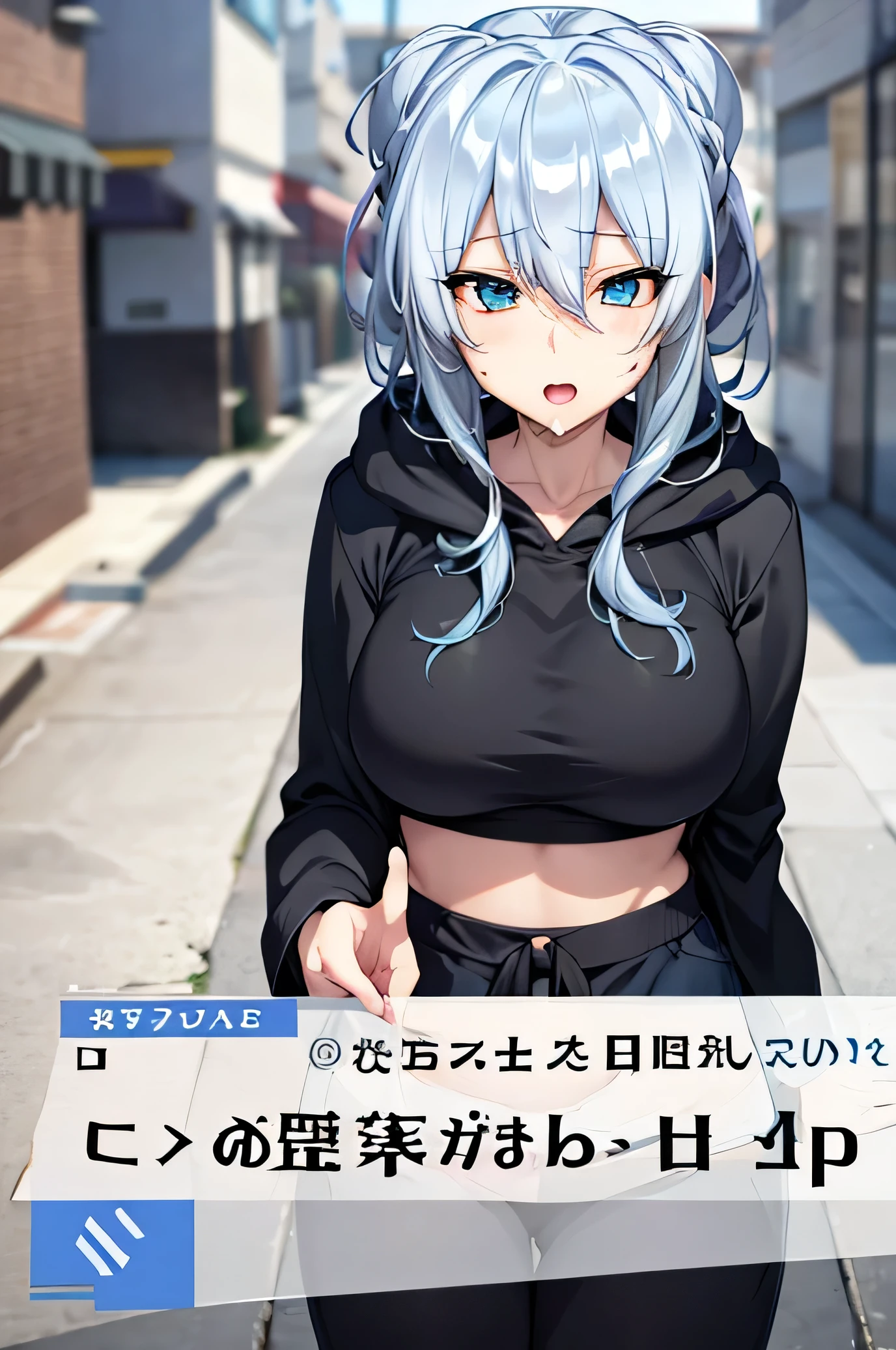 Yukino, Wearing a black hoodie,Silver hair and eyes, Cute girl anime visual, Animation screenshots, & Her expression is serious., A black face, In animation, In anime, Animated visual of a young woman, She has a cute expression, Anime Stills, Perfect breasts,Super big breasts,Open mouth drooling,Blushed
