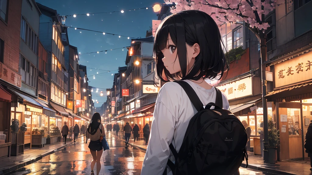 In the heart of the city, Under the glow of neon lights and the streets lined with cherry blossom trees, Beautiful Japanese woman captures a quiet moment. Shooting from behind, She turned slightly towards the camera., Her Chic, Minimalist black swimsuit、Her long black hair swaying in the evening breeze matches perfectly.。. The setting is the magical transition from day to night., Golden hours emit a soft light, Enveloping light creates striking silhouettes against a vibrant city backdrop. The best settings for a digital SLR camera to capture this beautiful combination of the neon lights of the city and the natural beauty of the cherry blossoms are:、Widening the aperture to achieve a shallow depth of field。, Bustling town and vibrant flowers々Focus on the woman while the background is softly blurred. A slower shutter speed allows you to capture the movement of light., Painting a picture of tranquility amid the hustle and bustle of the city. ISO settings are、Needs to be adjusted to balance low light conditions with neon glow。, Ensure that your image is not overexposed in bright light.、Avoid underexposure in low light conditions.