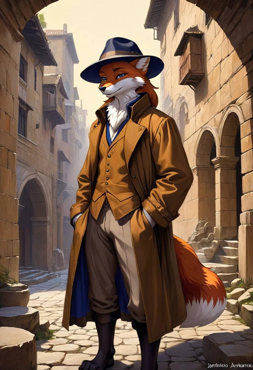 top quality, best quality, High-quality illustrations by Michelangelo, by Johannes Vermeer, masterpiece, super high resolution, detailed background, Old Ruins, Dungeons, Indiana Jones series(highly detailed beautiful face and eyes)absurdres, perfect anatomy(handsome 1boy, kemono, solo focus, Adventurer, Archaeologist)(furry)(furry anthro:1.7)(Furry body, fox facial features, fox body features)(very detailed body fur)full body, Dirty Coat and Hat,