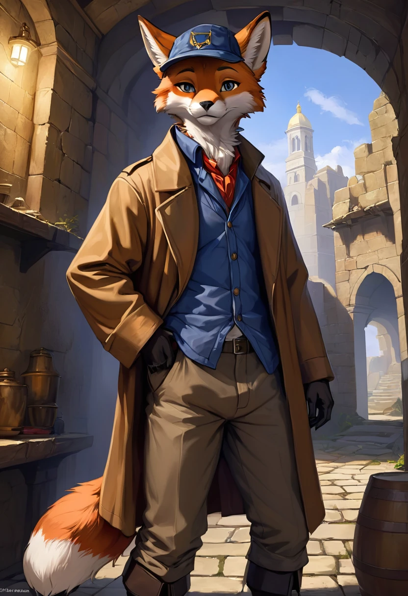 top quality, best quality, High-quality illustrations by Michelangelo, by Johannes Vermeer, masterpiece, super high resolution, detailed background, Old Ruins, Dungeons, Indiana Jones series(highly detailed beautiful face and eyes)absurdres, perfect anatomy(handsome 1boy, kemono, solo focus, Adventurer, Archaeologist)(furry)(furry anthro:1.7)(Furry body, fox facial features, fox body features)(very detailed body fur)full body, Dirty Coat and Hat,