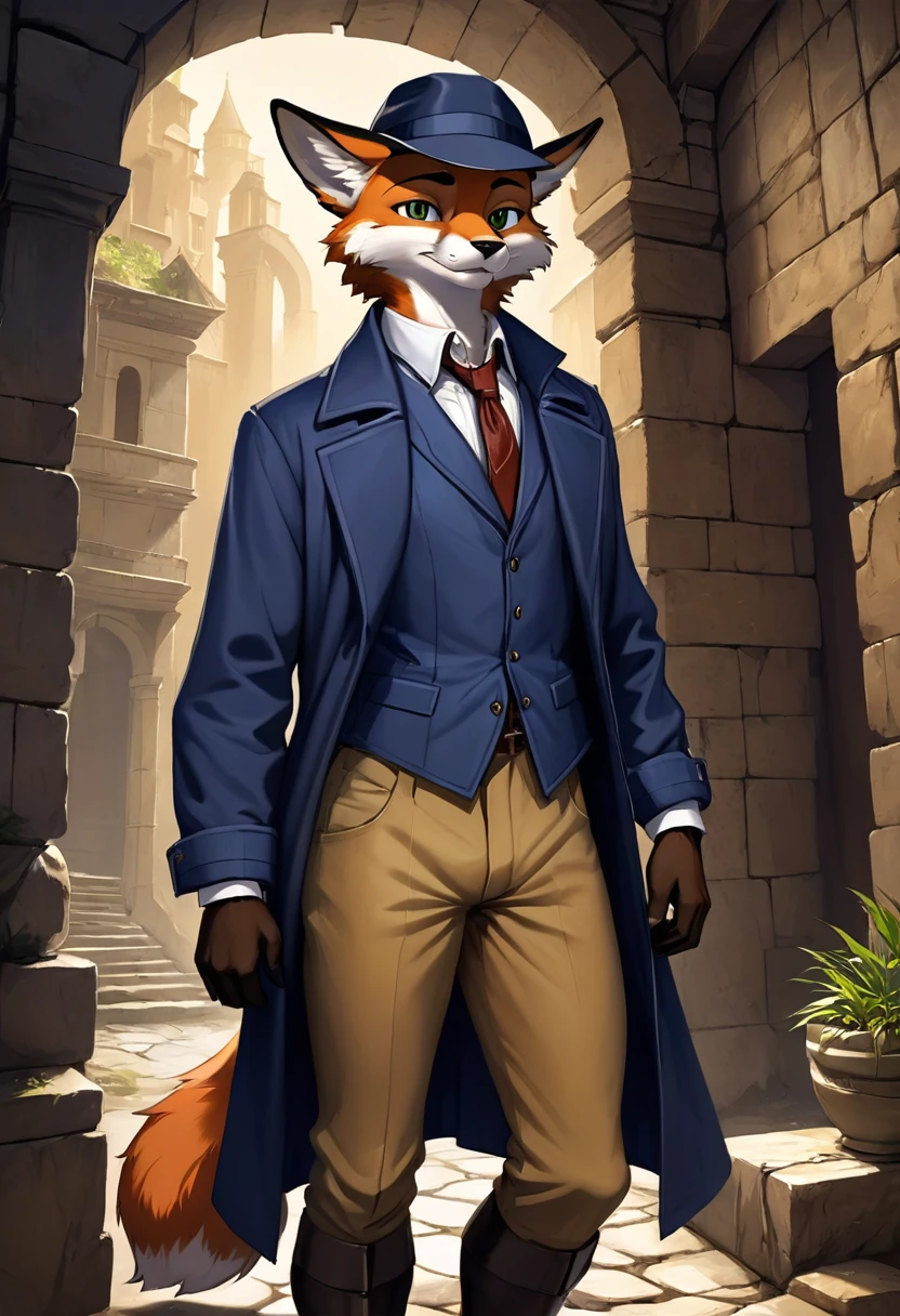 top quality, best quality, High-quality illustrations by Michelangelo, by Johannes Vermeer, masterpiece, super high resolution, detailed background, Old Ruins, Dungeons, Indiana Jones series(highly detailed beautiful face and eyes)absurdres, perfect anatomy(handsome 1boy, kemono, solo focus, Adventurer, Archaeologist)(furry)(furry anthro:1.7)(Furry body, fox facial features, fox body features)(very detailed body fur)full body, Dirty Coat and Hat,