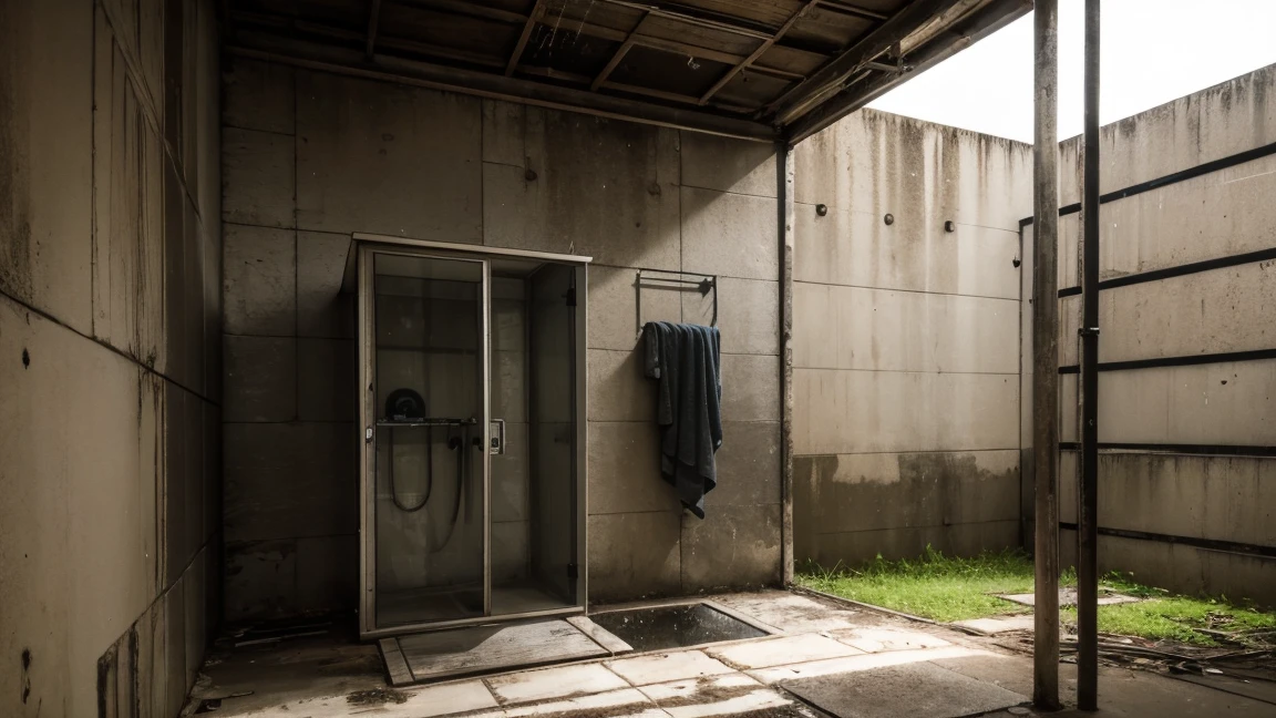 Abandoned outdoor factory shower room, cool tone, realistic, high quality