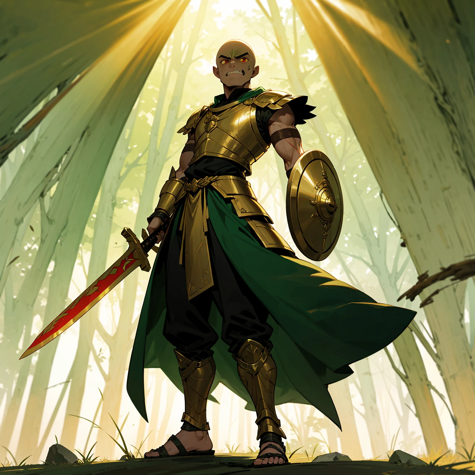 1man orc, orc version, Full body version, red eyes, green colour skins, angry eyes, bald hairstyle, angry expression, ancient Greek clothing, ancient Greek sandals, spatha sword in hand, small shield gold, gold armor vest, Grassroots background in forest, silhouette of sunlight, sunlight, sun, sunlight forest background