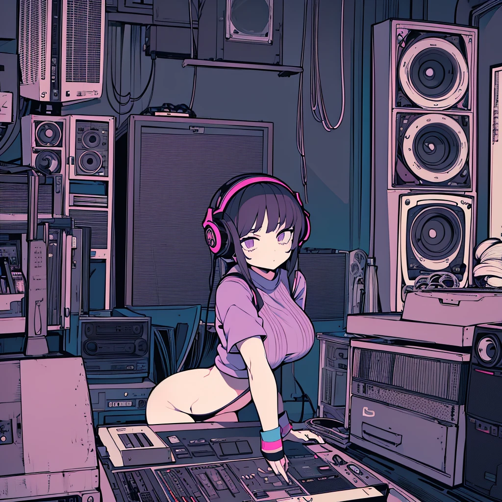 Best quality, (masterpiece), best detail face,1 girl, big breasts, 18 yo, 8k,absurdres,unity 8k wall paper,(extremely detailed:1.3), highest realistic, (retro headphones:), Her room full of music equipment and records, Light clothing,  she is lazy, See the whole room, She is leaving the room, dark purple color palette
