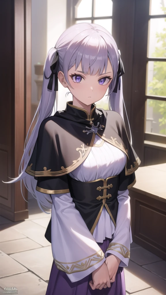 noellesilva, noelle silva, hair ribbon, long hair, (purple eyes:1.1), silver hair, twintails,
BREAK dress, white dress, capelet, skirt, purple skirt, (black capelet:1.5),
BREAK looking at viewer,
BREAK indoors,
BREAK (masterpiece:1.2), best quality, high resolution, unity 8k wallpaper, (illustration:0.8), (beautiful detailed eyes:1.6), extremely detailed face, perfect lighting, extremely detailed CG, (perfect hands, perfect anatomy), full body, standing, hand down