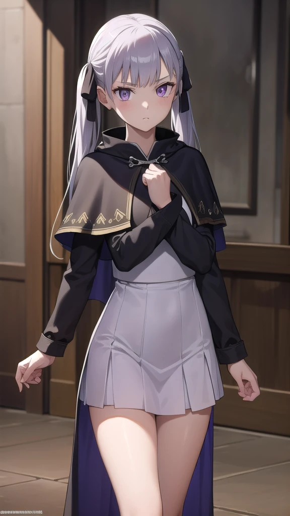 noellesilva, noelle silva, hair ribbon, long hair, (purple eyes:1.1), silver hair, twintails,
BREAK dress, white dress, capelet, skirt, purple skirt, (black capelet:1.5),
BREAK looking at viewer,
BREAK indoors,
BREAK (masterpiece:1.2), best quality, high resolution, unity 8k wallpaper, (illustration:0.8), (beautiful detailed eyes:1.6), extremely detailed face, perfect lighting, extremely detailed CG, (perfect hands, perfect anatomy), full body, standing, hand down